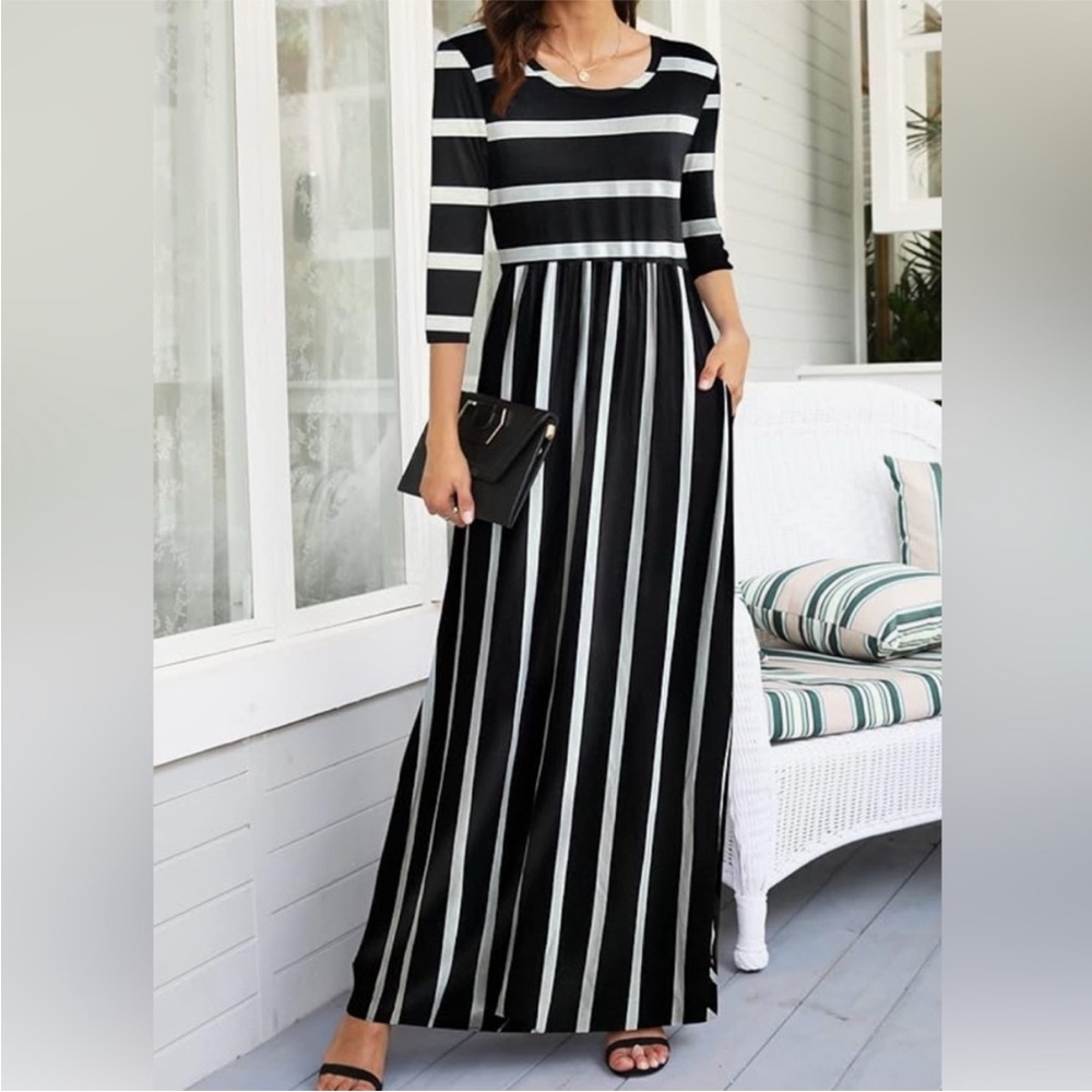 WNEEDU Women's 3/4 Sleeve striped Long Maxi Dresses with Pockets.